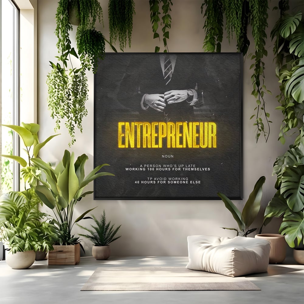 Tablou canvas cu ilustratie motivationala cu text si costum, in rama de aluminiu negru